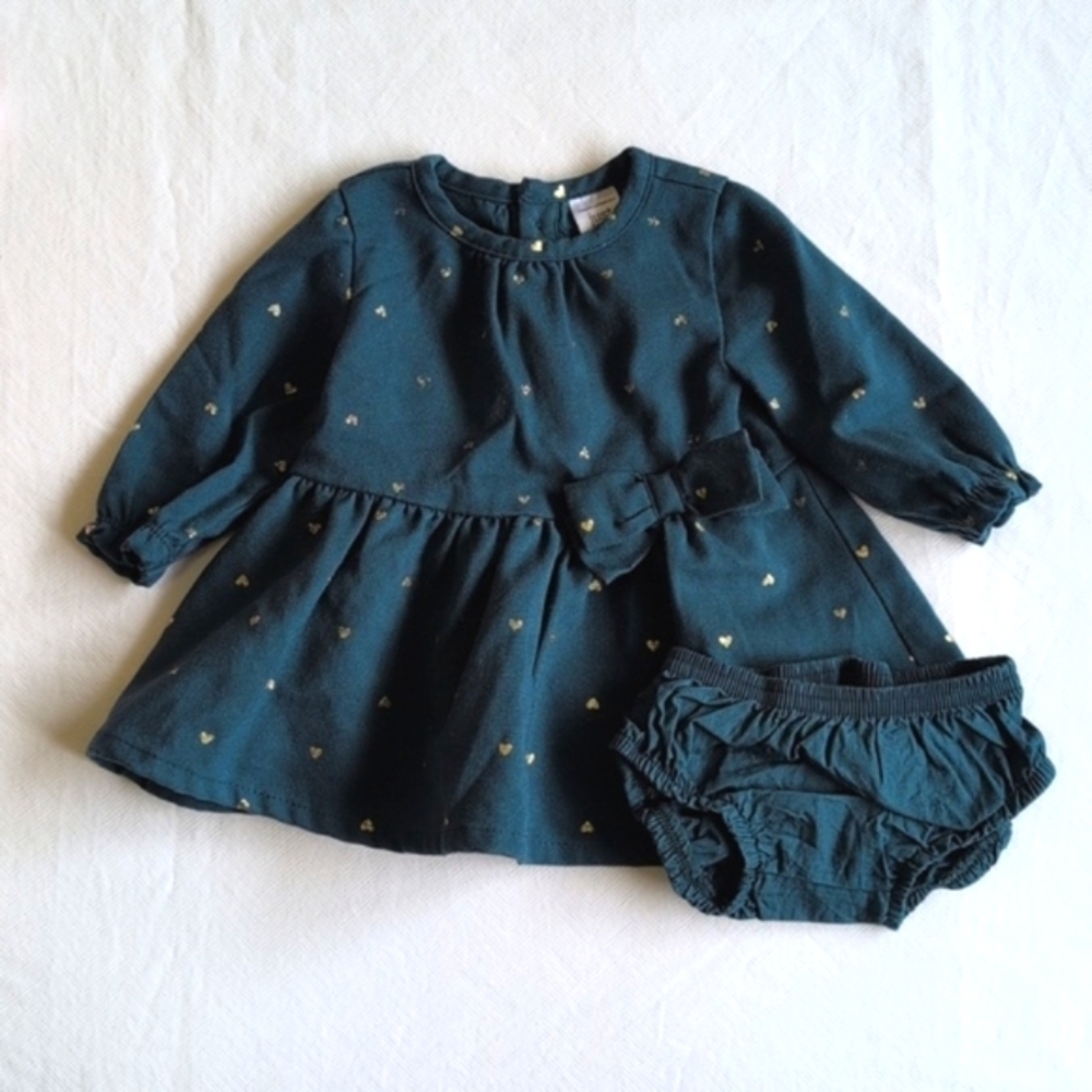 carter's teal dress with gold hearts & matching diaper cover 3 months baby girl